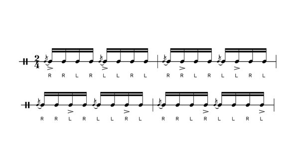 Moving Accent Single Flammed Mill drum rudiment notation