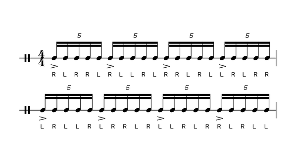 Quintuplet Single Paradiddle w/ Shifting Accents drum rudiment notation