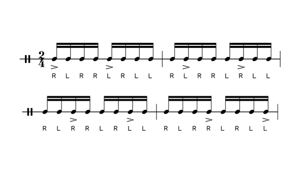 Moving Accent Paradiddle drum rudiment notation
