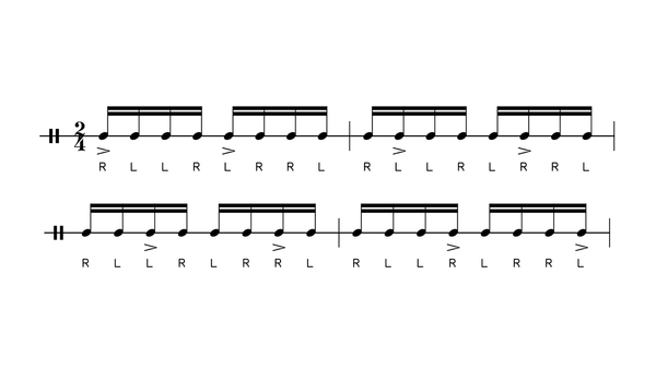 Moving Accent Inverted Paradiddle drum rudiment notation