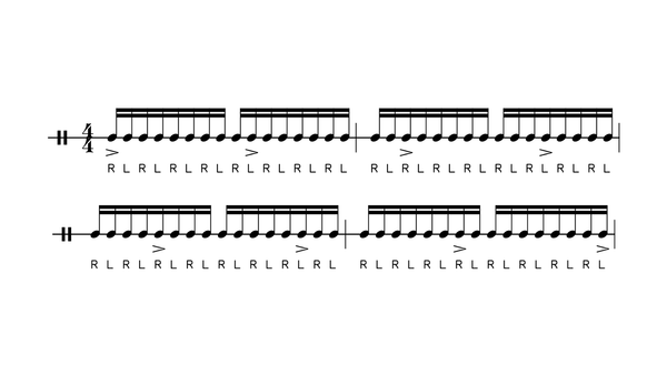 Moving Accent Single Stroke Roll drum rudiment notation